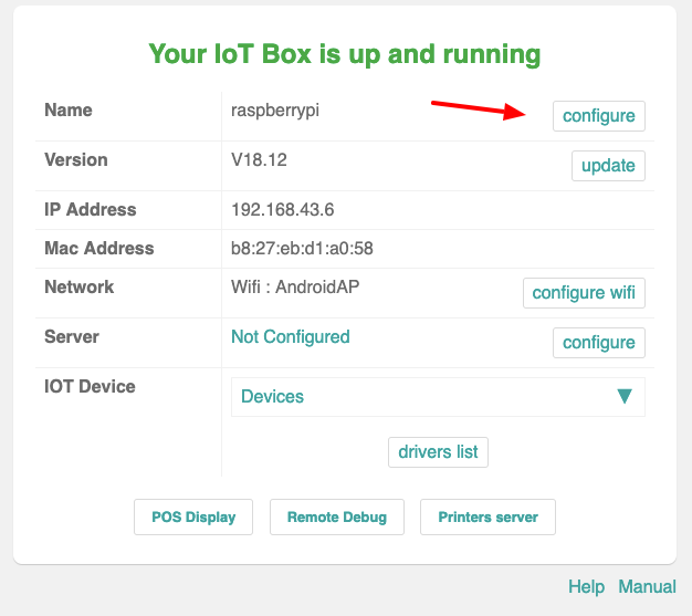 以8069端口打开IoT盒子的IP。这会显示IoT盒子的首页。点击Name 输入框后的Configure按钮