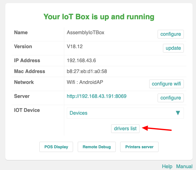 打开IoT盒子主页并点击底部的drivers list按钮