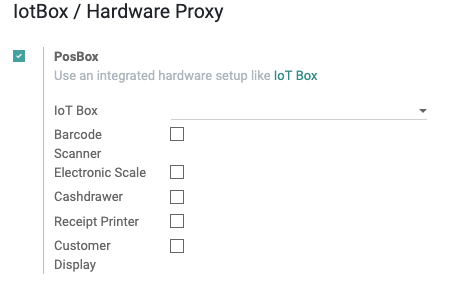 点击Settings按钮。会被重定向到Settings页面。搜索IotBox / Hardware Proxy（硬件代理） 怎并勾选PosBox。这会启用更多选项：